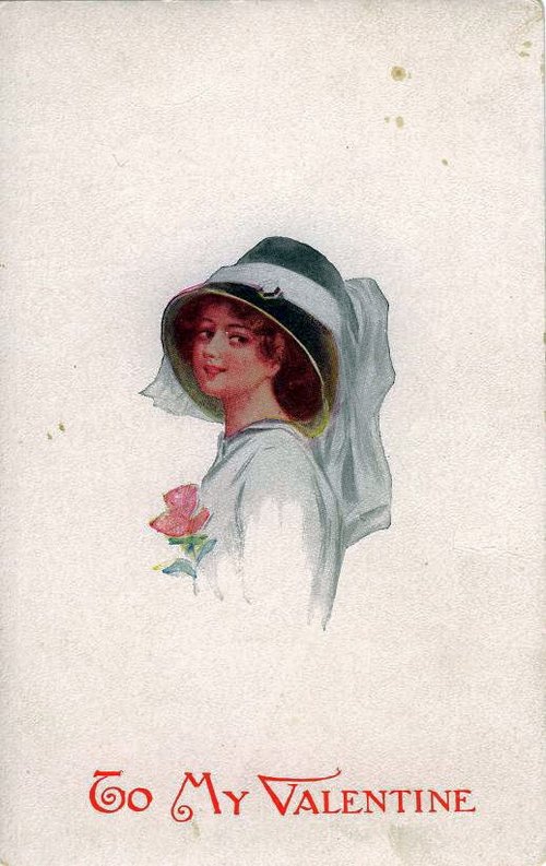 Edwardian Valentine's Day Card: Woman in Hat with Rose