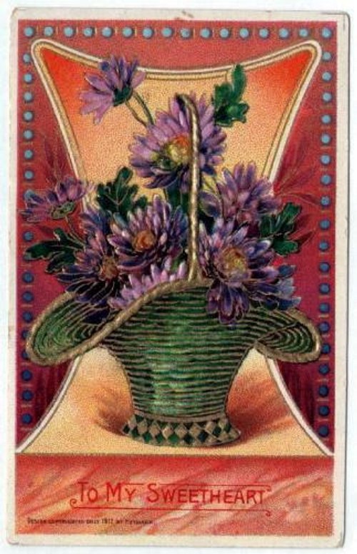 Victorian Valentine Greeting Card Purple Flowers Green Basket