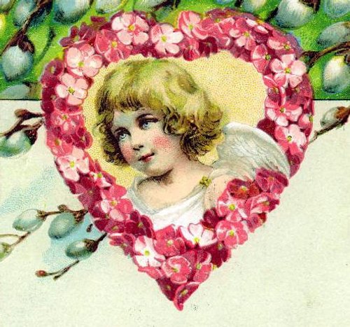 Victorian Cherub Valentine Heart Greeting Card with Pink Flowers