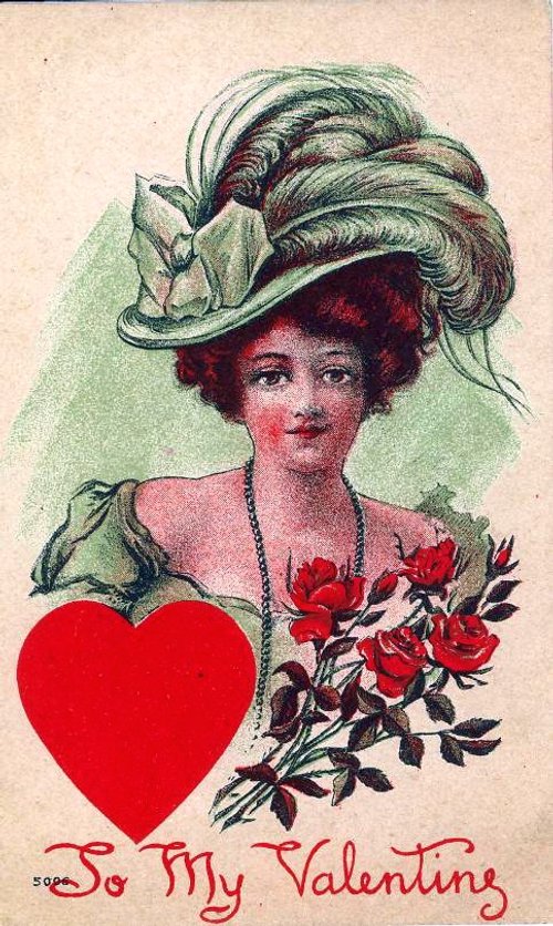 Edwardian Valentine's Day Card - Gibson Girl with Red Roses