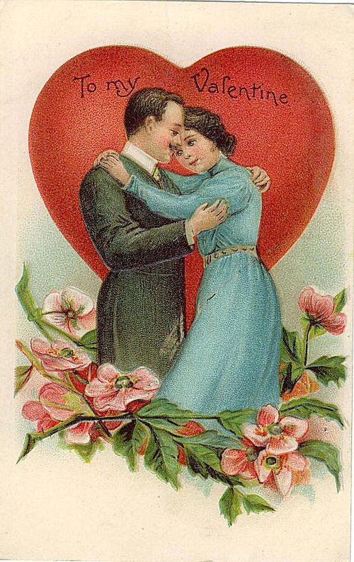 Victorian Valentine's Day Greeting Card with Couple & Cherry Blossoms
