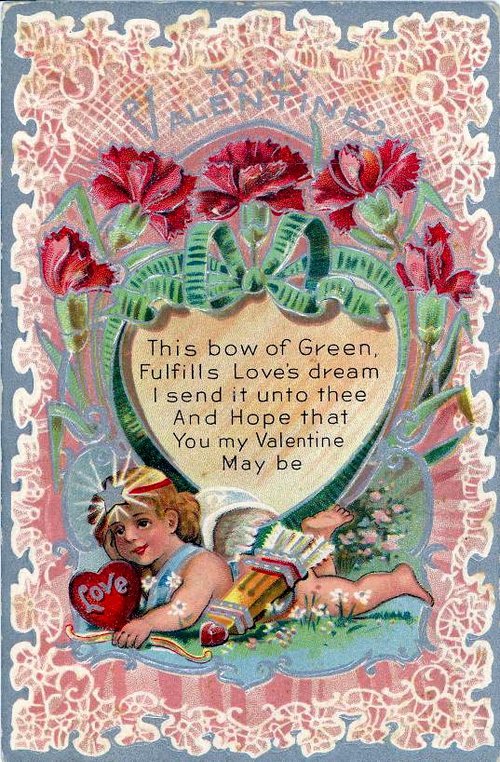 Victorian Valentine Card with Cupid, Carnations & Green Ribbon