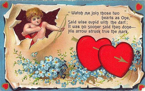 Victorian Cupid Valentine Card with Red Hearts and Blue Flowers