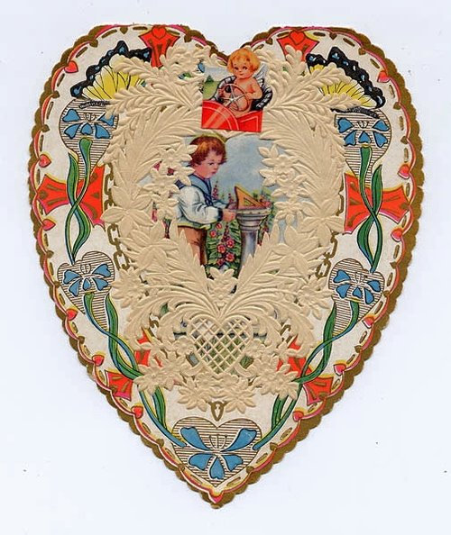 Victorian Heart-Shaped Greeting Card with Cherubs & Floral Design