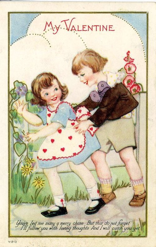 Vintage Valentine Card Girl and Boy Chasing 1920s