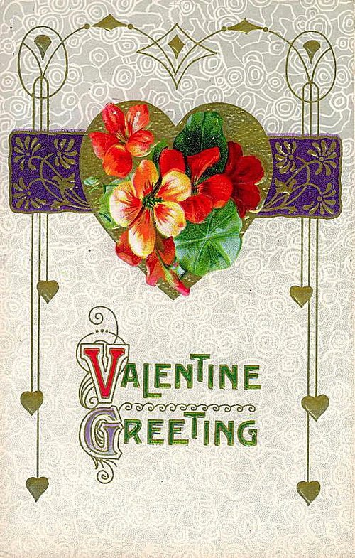 Victorian Valentine Greeting Card with Red Flowers & Art Nouveau Design