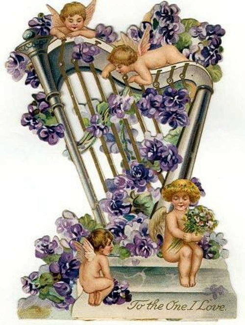 Victorian Cherub Harp with Purple Violets Valentine Card
