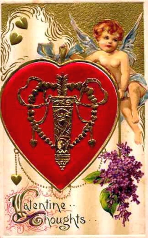 Victorian Valentine's Day Card Cupid Angel Heart Gold Embossed