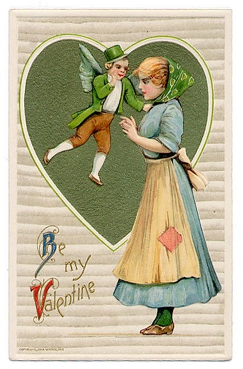 Edwardian Valentine's Day Card with Fairy & Girl Heart Cherub