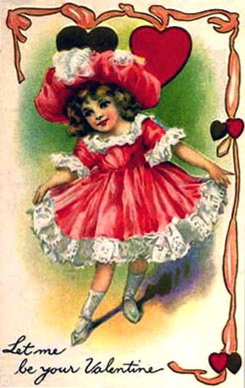 Victorian Valentine Girl in Red Dress with Hearts - Vintage Greeting Card