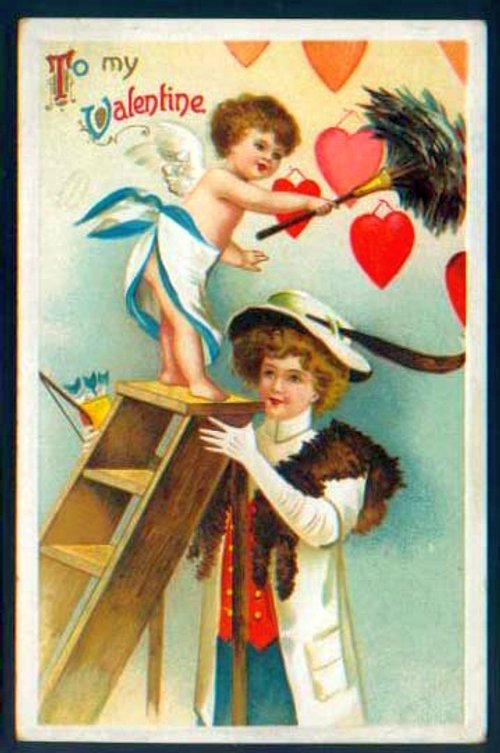 Vintage Valentine's Day Card Cherub Ladder Hearts Edwardian