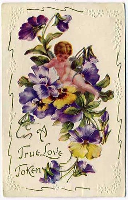 Victorian True Love Token Pansy Greeting Card with Cherub