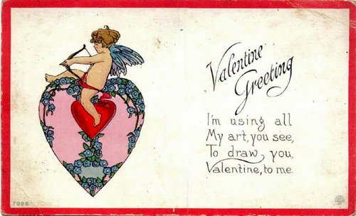 Art Nouveau Cupid Valentine Card with Pink Heart & Floral Design