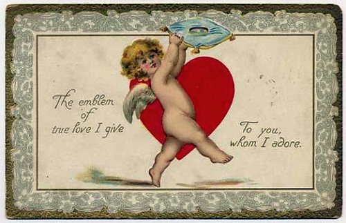 Victorian Cherub Valentine Card with Heart & Blue Pillow
