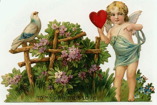 Victorian Cherub Valentine Card with Bird & Flowers | Antique Love