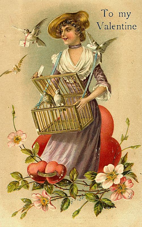 Victorian Valentine Woman with Birdcage & Doves - Vintage Greeting Card