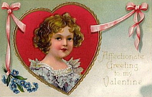 Victorian Valentine Card with Young Girl & Red Heart - Antique Greeting