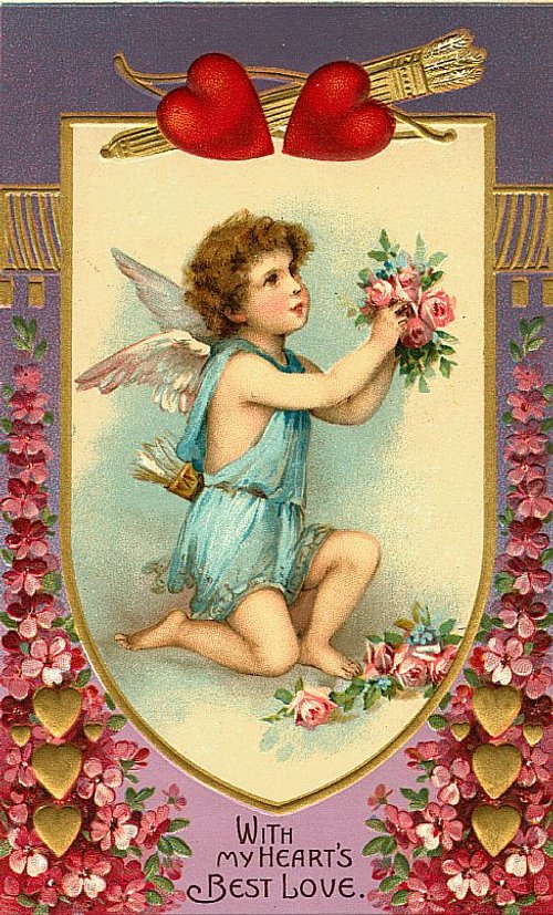 Victorian Cherub Valentine Die-Cut with Red Hearts & Pink Roses