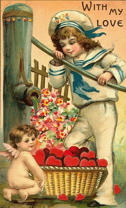 Victorian Valentine Card with Sailor Child, Cherub, Flowers, and Hearts Basket