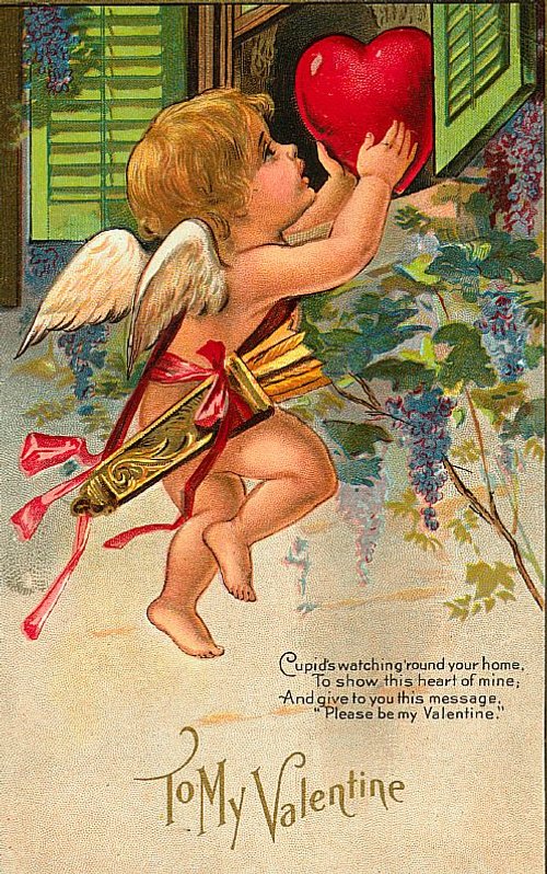 Victorian Cupid Valentine Card - Cherub with Heart & Arrows