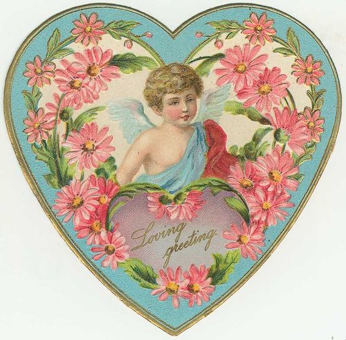 Victorian Die-Cut Valentine Card with Cherub & Pink Daisies