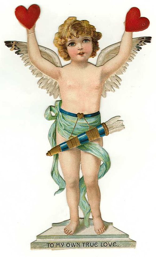 Victorian Cupid Holding Hearts Die-Cut Greeting Card