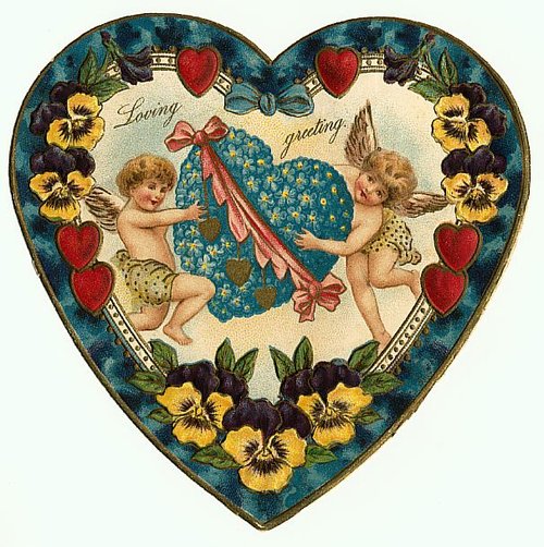 Victorian Love Greeting Cherubs Hearts Pansies Die-Cut Card