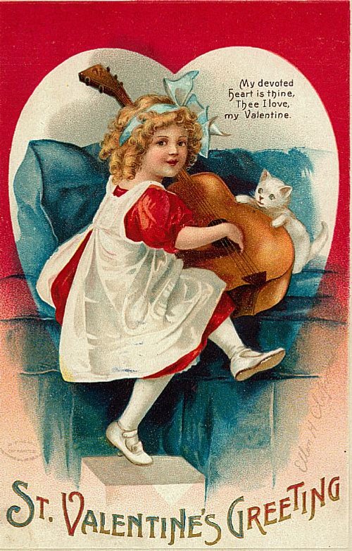 Victorian St. Valentine's Day Greeting Card with Child, Instrument & Kitten