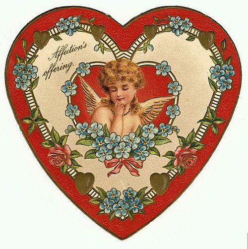 Victorian Love Valentine Cherub Heart Die-Cut Card Blue Flowers