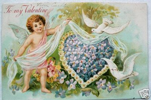Victorian Valentine Cupid Heart Forget-Me-Not Greeting Card