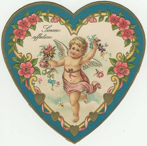Victorian Cherub Heart Valentine Card with Pink Roses