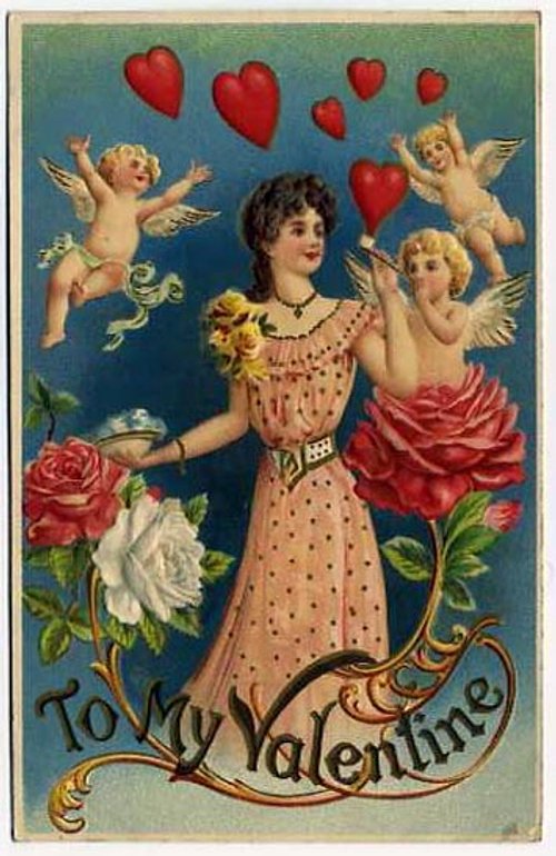 Victorian Valentine's Day Greeting Card with Cherubs and Roses
