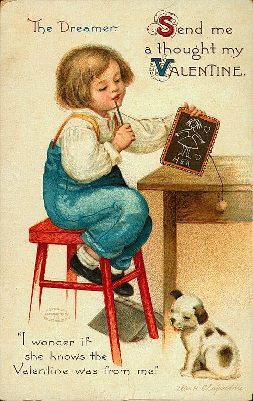 Victorian Valentine Card: Young Dreamer Boy Drawing Love Note