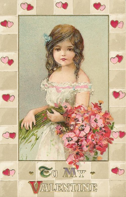 Victorian Valentine Greeting Card with Young Girl & Flowers