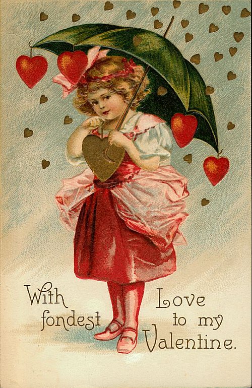 Victorian Valentine's Day Greeting Card with Child & Heart Umbrella