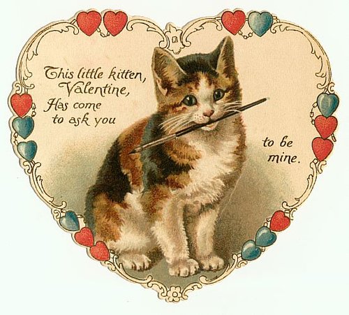 Victorian Kitten Valentine Card with Heart Border