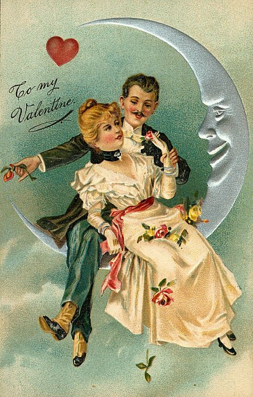 Edwardian Valentine's Day Card: Couple on Crescent Moon