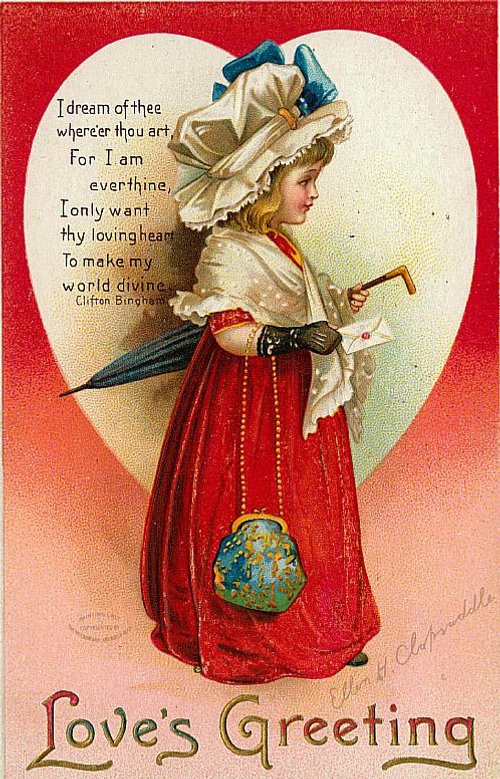 Victorian Love's Greeting Card with Parasol Girl & Heart