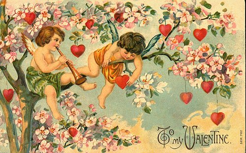 Victorian Cupids Valentine Card with Blossoms & Hearts