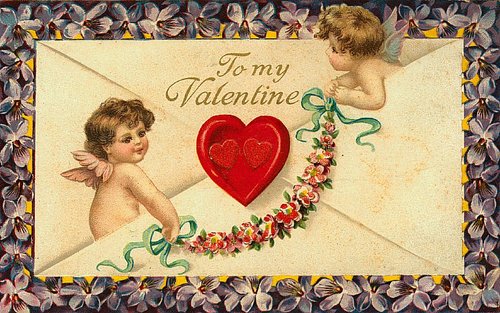 Victorian Valentine's Day Card with Cherubs and Red Heart