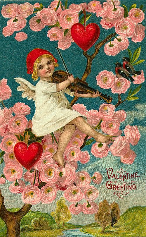 Victorian Valentine Cherub with Violin Pink Roses Heart