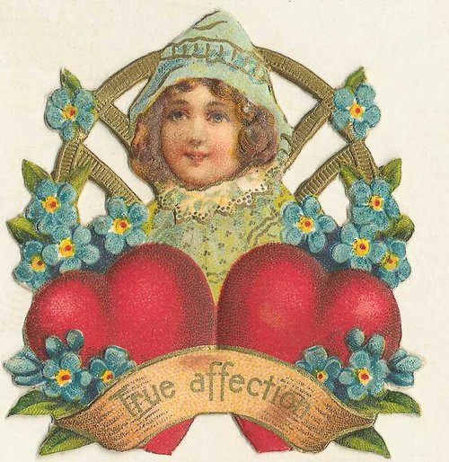 Victorian Forget-Me-Not Valentine Card with Girl & Red Hearts