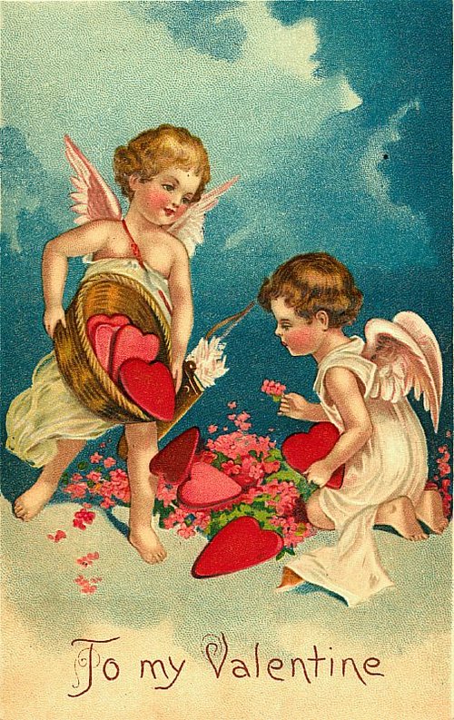 Victorian Valentine's Day Cherubs with Hearts & Flowers