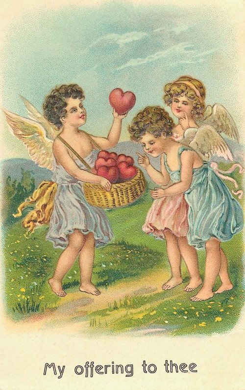 Victorian Cupid Angels with Hearts Offering Vintage Valentine Card