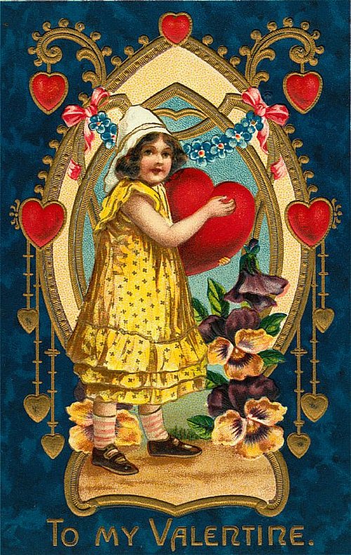 Victorian Valentine Card with Child and Red Heart Die-Cut