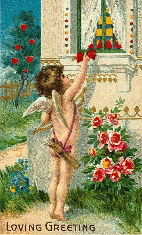Victorian Cherub Valentine Greeting Card - Cupid Decorating
