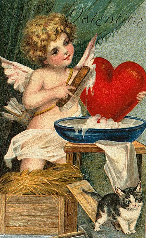 Victorian Cupid Valentine Card with Heart & Cat | Antique Greeting