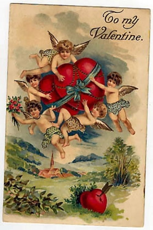 Victorian Cherub Valentine Card with Red Heart Flowers