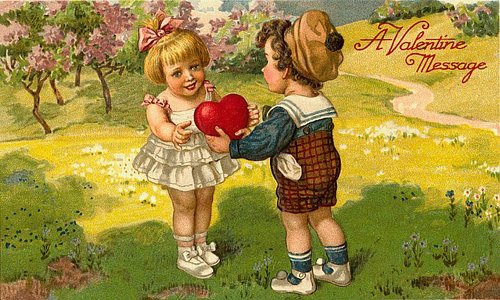 Edwardian Valentine's Day Card: Children Exchanging Heart Gift
