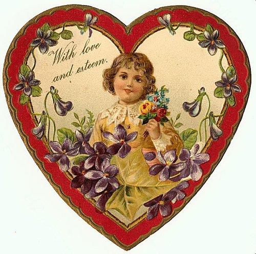 Victorian Heart-Shaped Valentine Card with Child & Purple Flowers